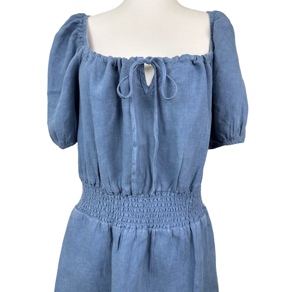 Cloth & Stone Linen Tie Front Dress M Blue Peasant Mini Pockets Anthro - Picture 2 of 8